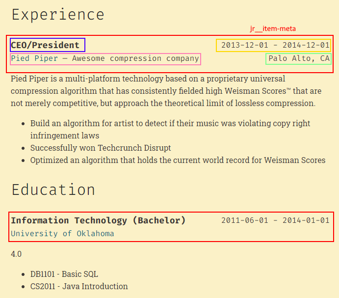 Example resume section header screenshot